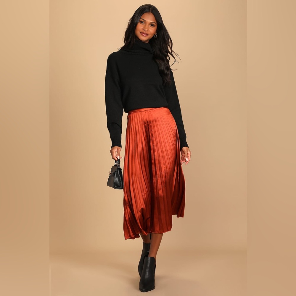 Lulu’s Fashionable Babe Rust Brown Satin Pleated Midi Skirt Women’s size M